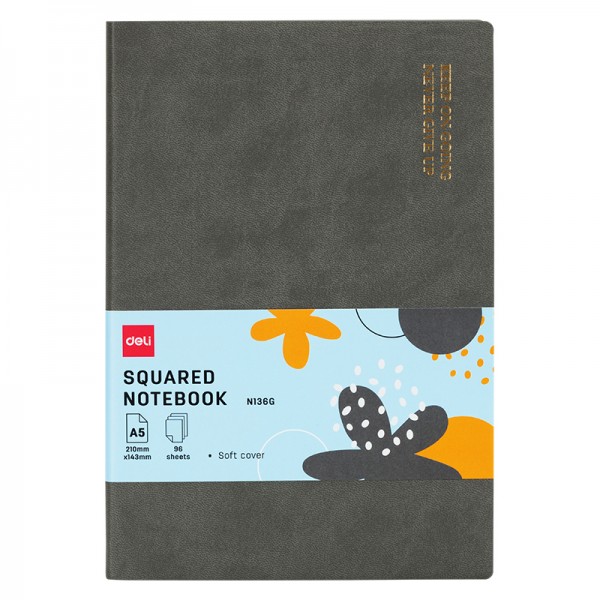 *Rūtiņu piezīmju klade Deli EN136G A5, 96 lapas, mīkstos vākos, pelēka