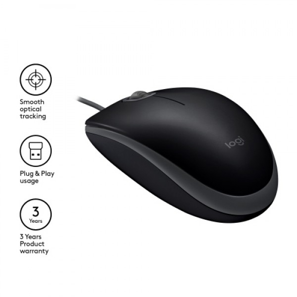 Logitech B110 Silent Wired Mouse, USB-A, 1000 DPI, Black